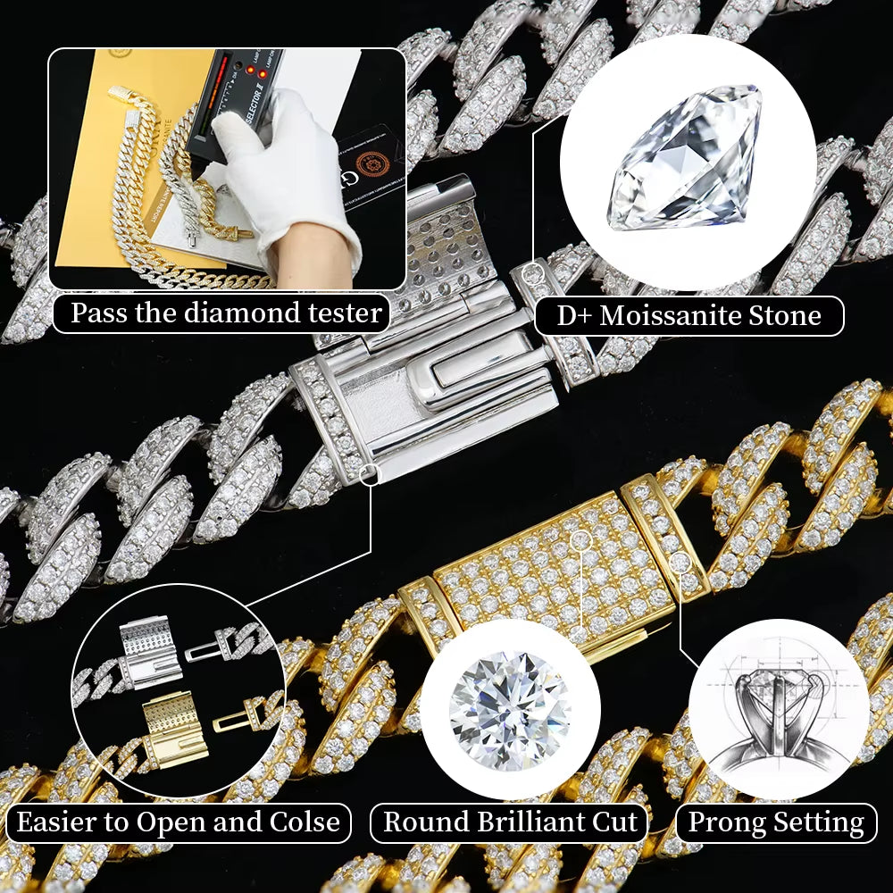 Custom Men Hiphop 10Mm 18K White Gold Plated 925 Sterling Silver Iced Out Mossanite Moissanite Diamond Cuban Necklace Link Chain