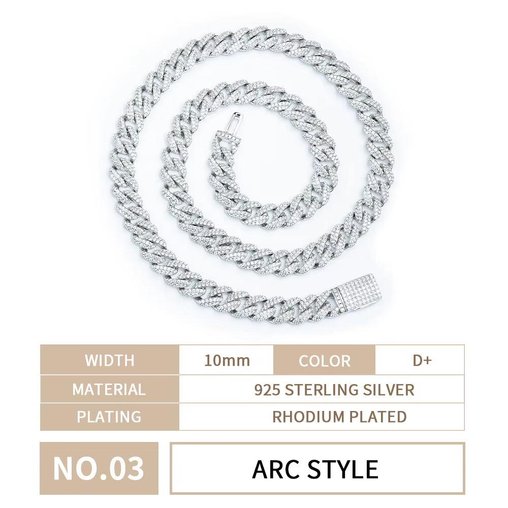 Custom Men Hiphop 10Mm 18K White Gold Plated 925 Sterling Silver Iced Out Mossanite Moissanite Diamond Cuban Necklace Link Chain