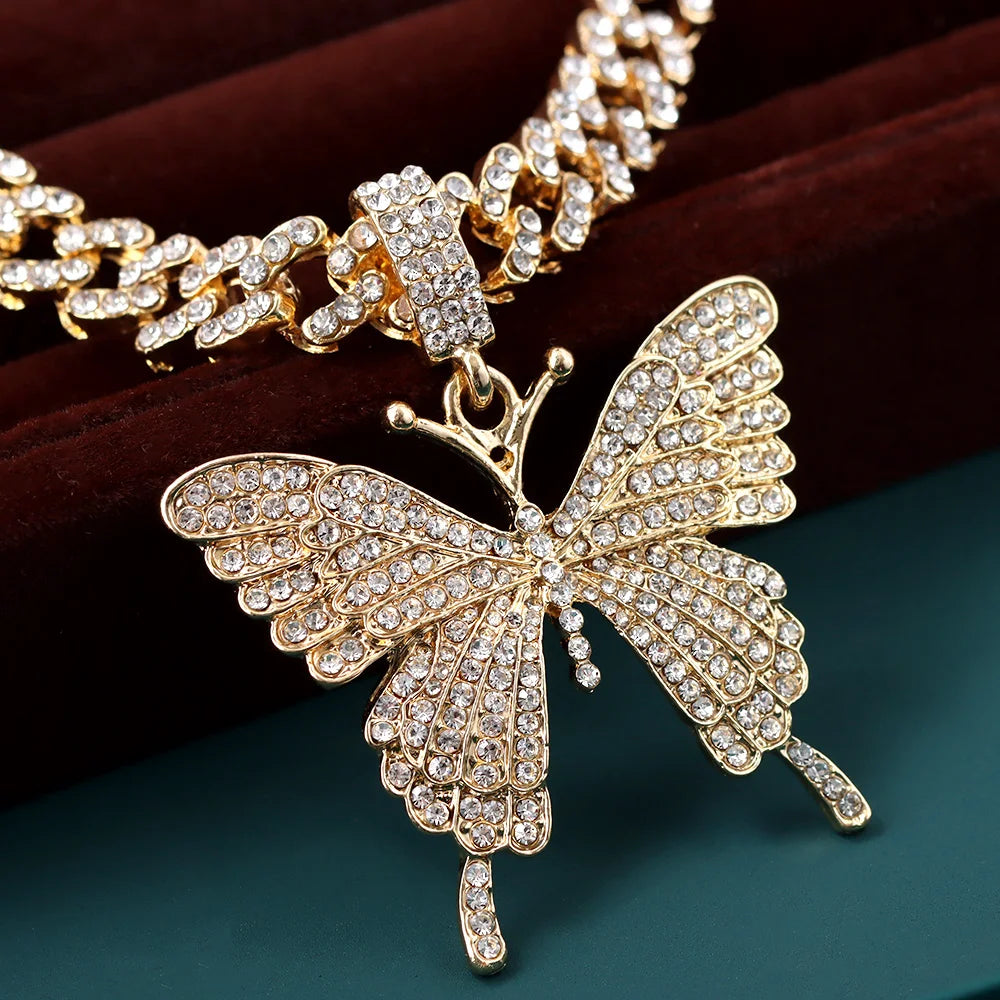 Pink Luxury Sparkle Full Crystal Butterfly Cuba Choker Necklace for Women Bling Multicolor Rhinestone Chunky Punk Hiphop Jewelry