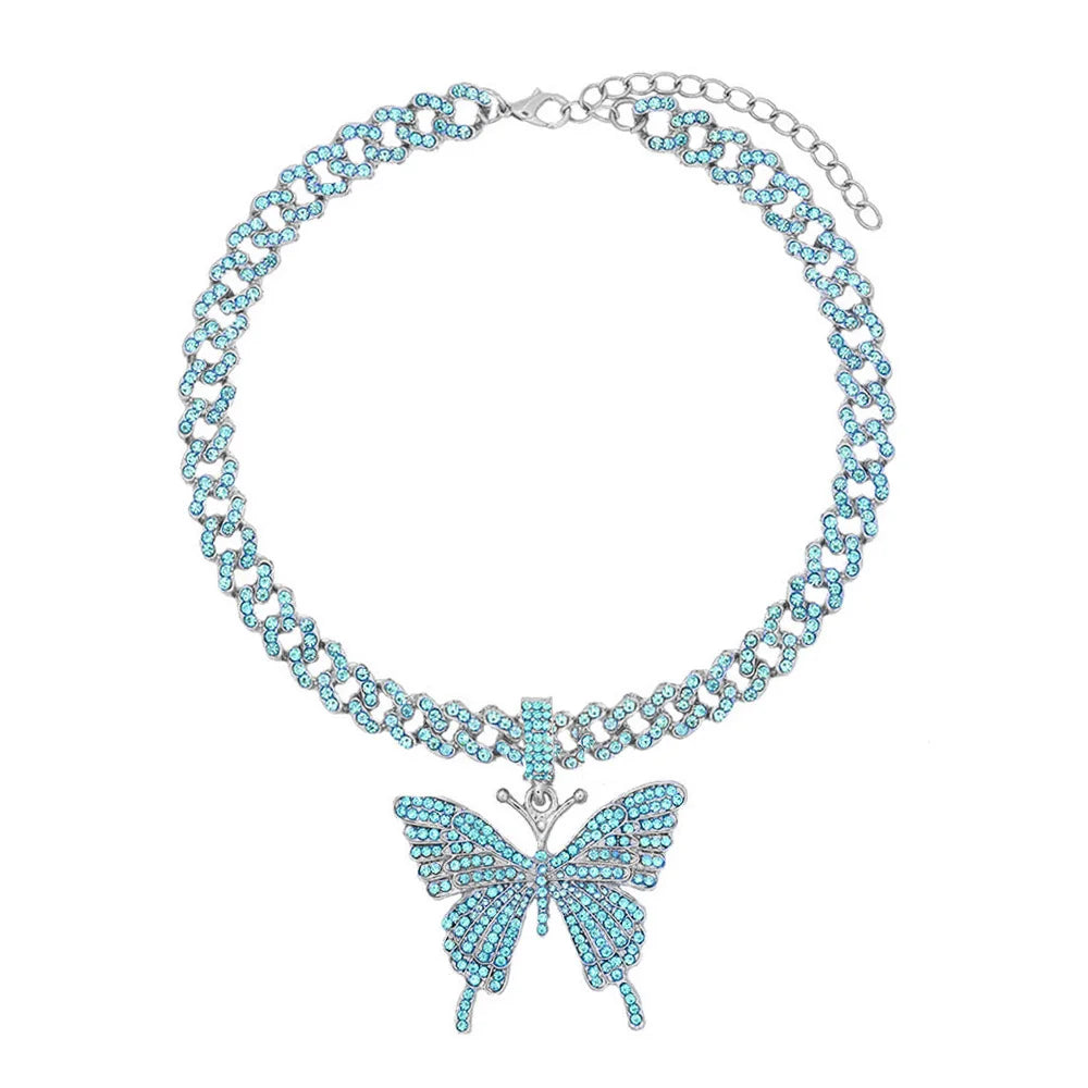 Pink Luxury Sparkle Full Crystal Butterfly Cuba Choker Necklace for Women Bling Multicolor Rhinestone Chunky Punk Hiphop Jewelry