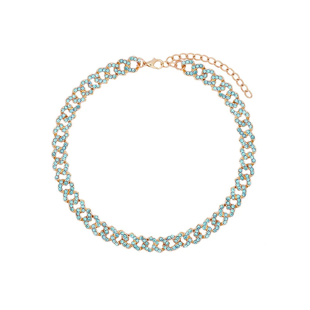 Pink Luxury Sparkle Full Crystal Butterfly Cuba Choker Necklace for Women Bling Multicolor Rhinestone Chunky Punk Hiphop Jewelry