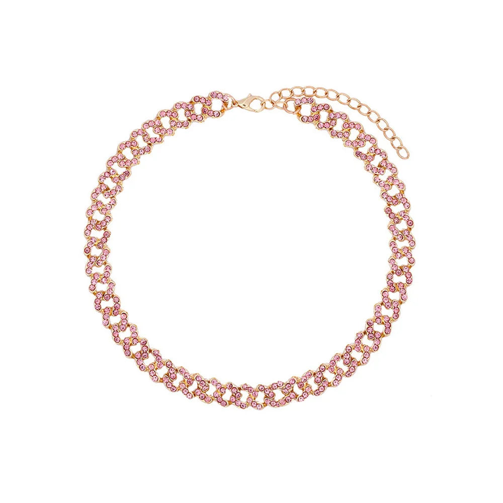 Pink Luxury Sparkle Full Crystal Butterfly Cuba Choker Necklace for Women Bling Multicolor Rhinestone Chunky Punk Hiphop Jewelry