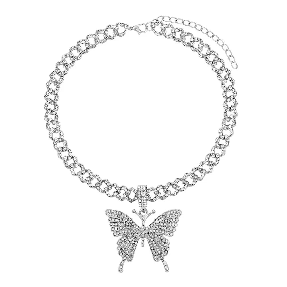 Pink Luxury Sparkle Full Crystal Butterfly Cuba Choker Necklace for Women Bling Multicolor Rhinestone Chunky Punk Hiphop Jewelry
