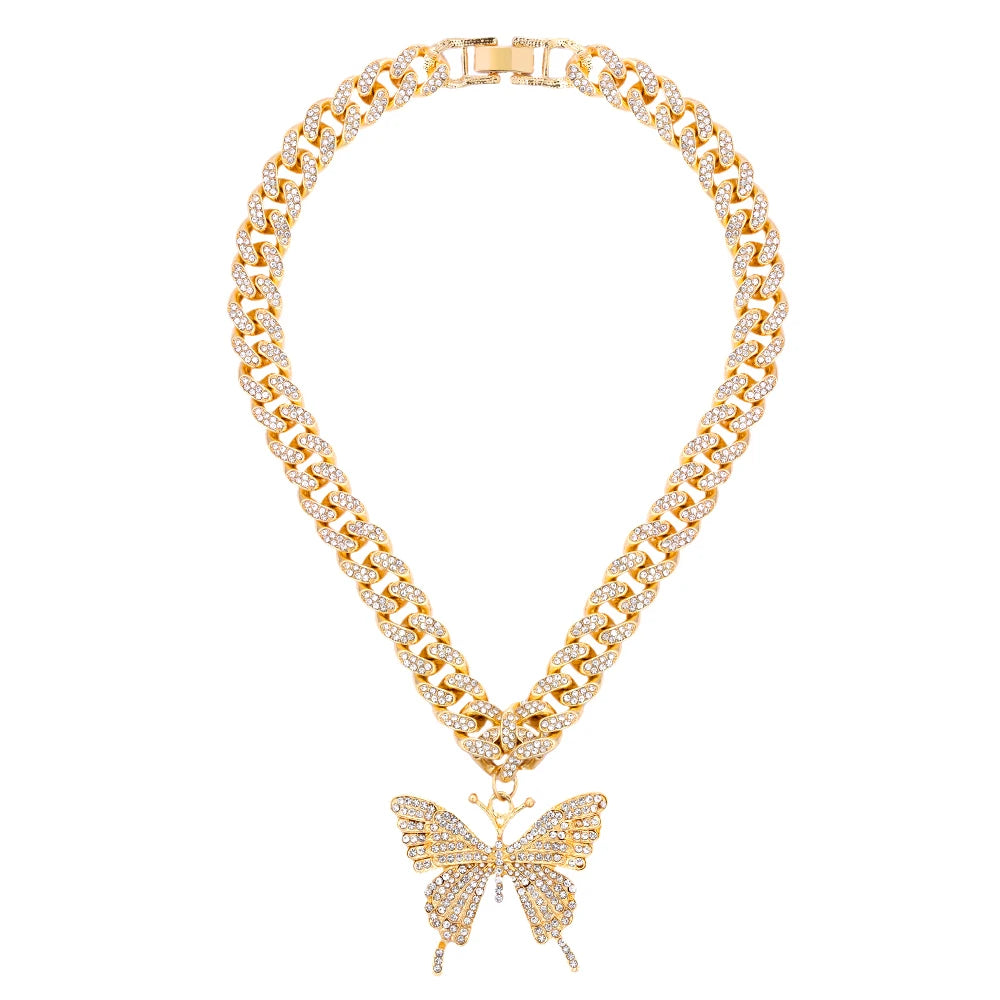Pink Luxury Sparkle Full Crystal Butterfly Cuba Choker Necklace for Women Bling Multicolor Rhinestone Chunky Punk Hiphop Jewelry