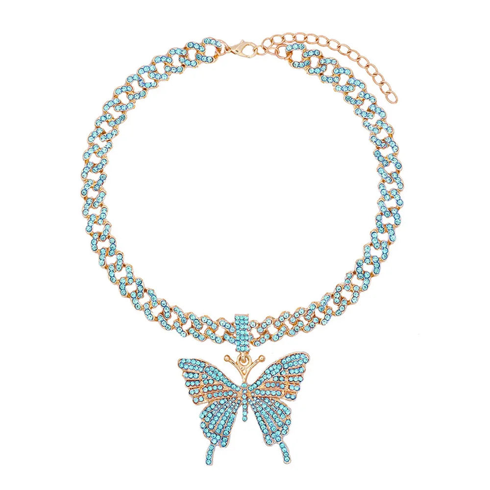 Pink Luxury Sparkle Full Crystal Butterfly Cuba Choker Necklace for Women Bling Multicolor Rhinestone Chunky Punk Hiphop Jewelry
