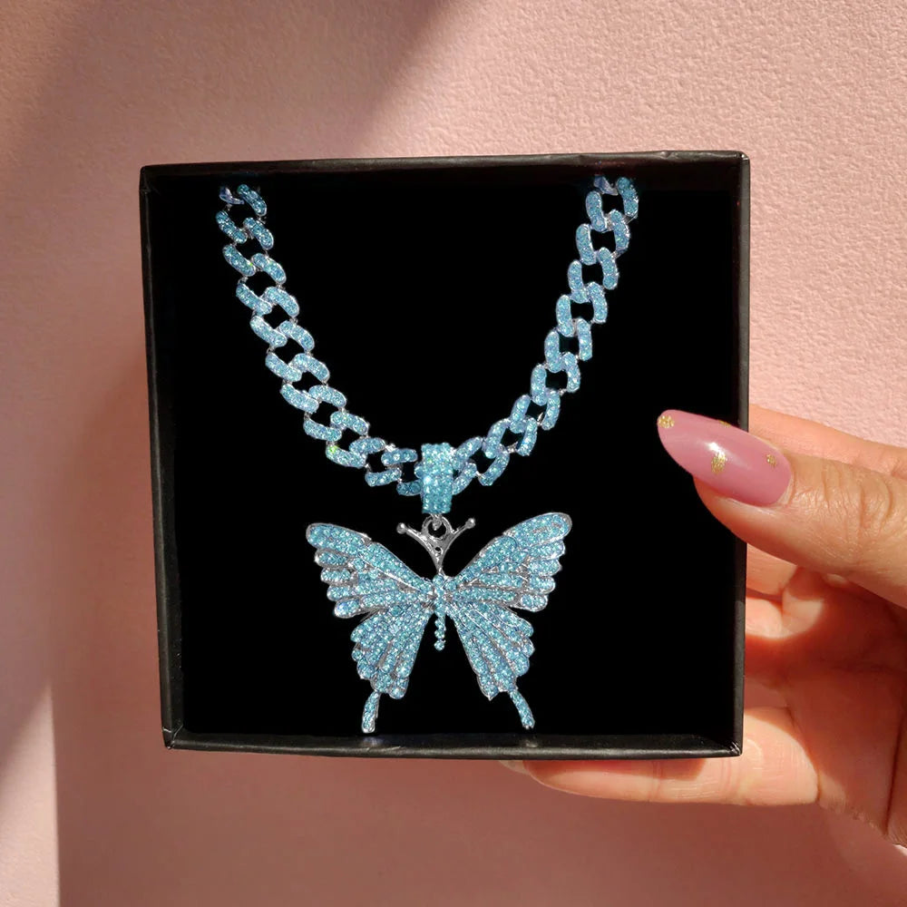 Pink Luxury Sparkle Full Crystal Butterfly Cuba Choker Necklace for Women Bling Multicolor Rhinestone Chunky Punk Hiphop Jewelry