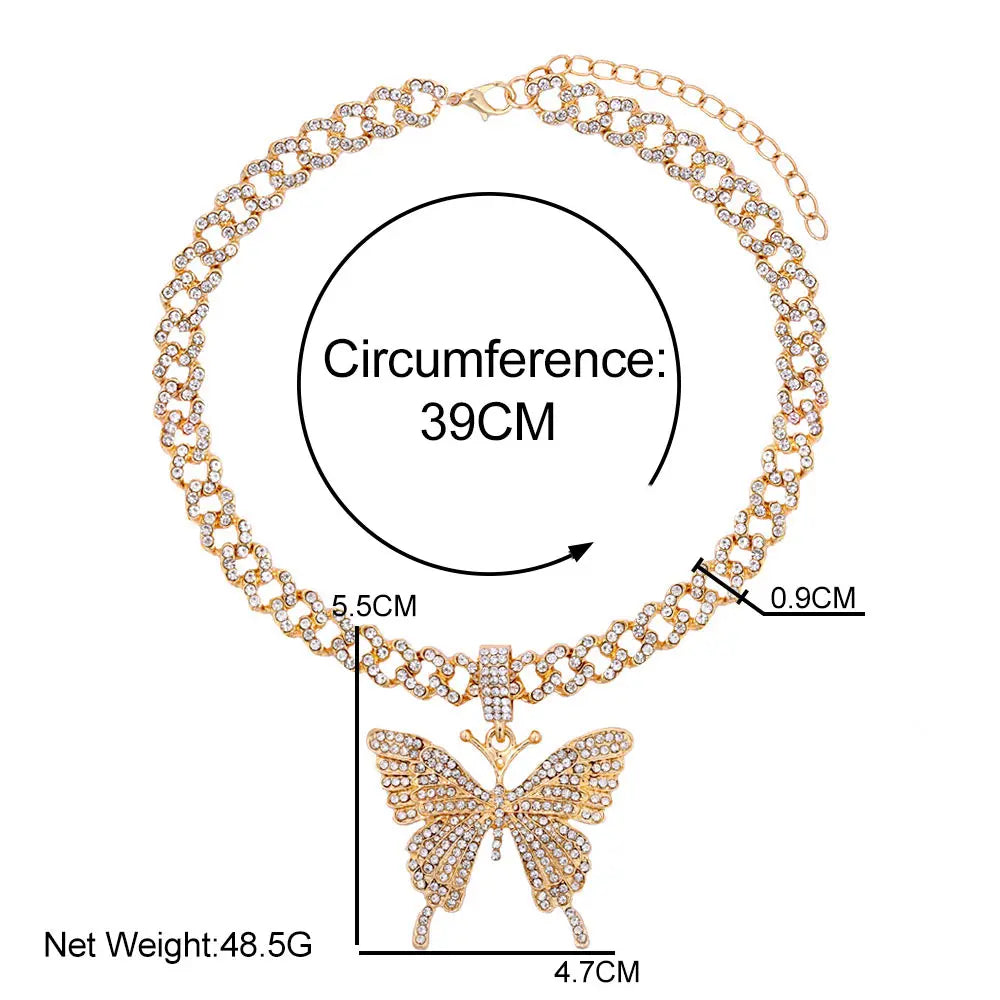 Pink Luxury Sparkle Full Crystal Butterfly Cuba Choker Necklace for Women Bling Multicolor Rhinestone Chunky Punk Hiphop Jewelry