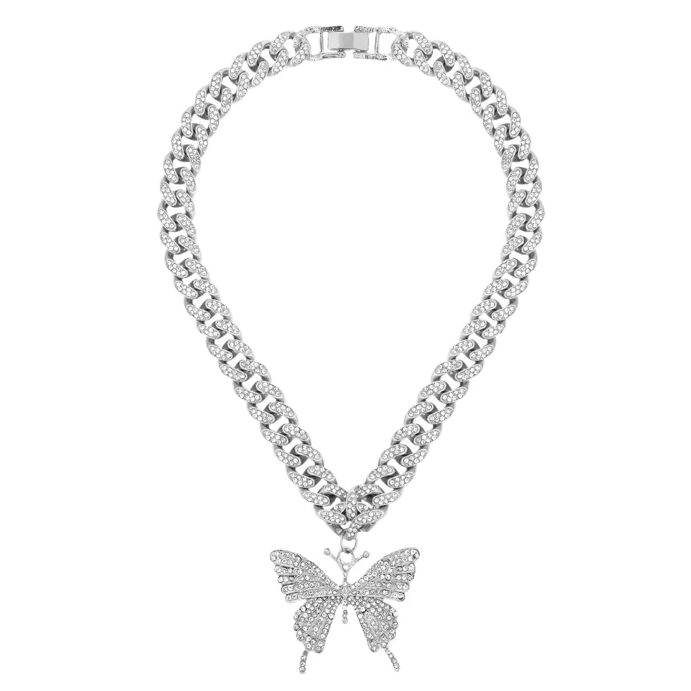 Pink Luxury Sparkle Full Crystal Butterfly Cuba Choker Necklace for Women Bling Multicolor Rhinestone Chunky Punk Hiphop Jewelry