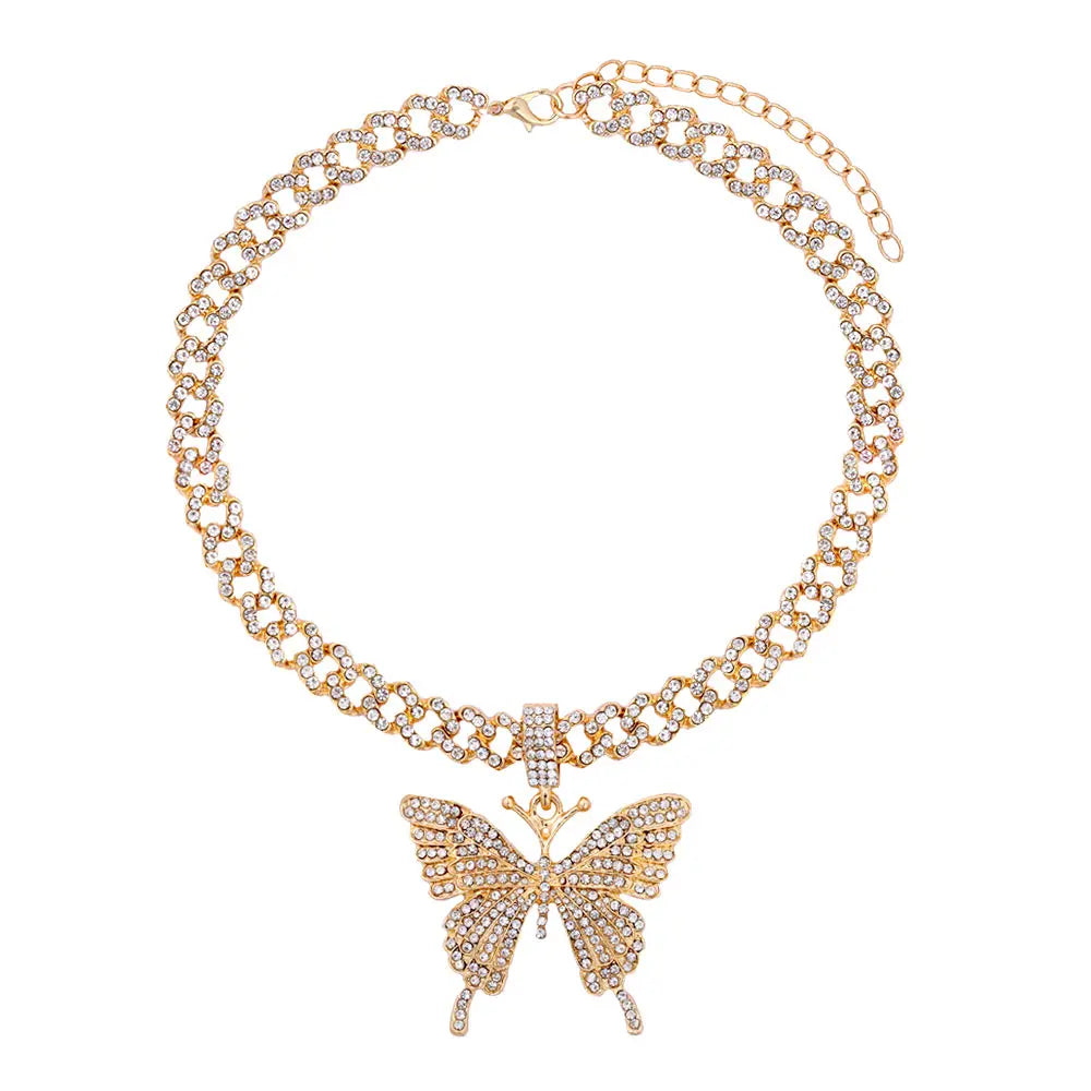 Pink Luxury Sparkle Full Crystal Butterfly Cuba Choker Necklace for Women Bling Multicolor Rhinestone Chunky Punk Hiphop Jewelry