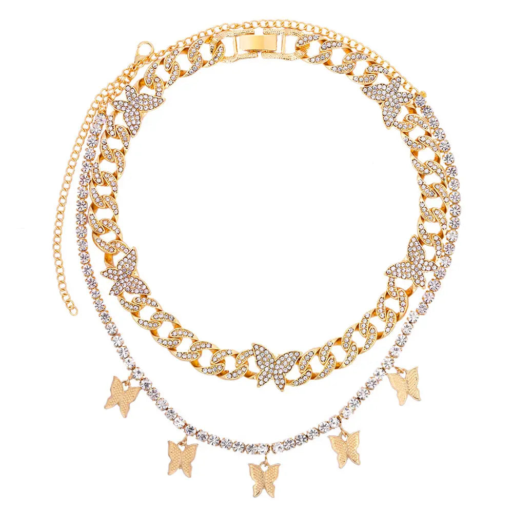 Pink Luxury Sparkle Full Crystal Butterfly Cuba Choker Necklace for Women Bling Multicolor Rhinestone Chunky Punk Hiphop Jewelry