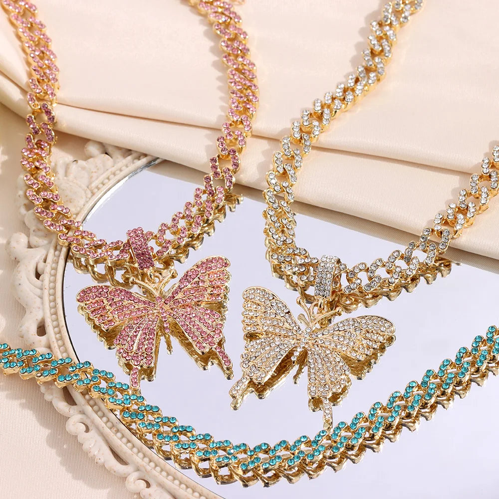Pink Luxury Sparkle Full Crystal Butterfly Cuba Choker Necklace for Women Bling Multicolor Rhinestone Chunky Punk Hiphop Jewelry