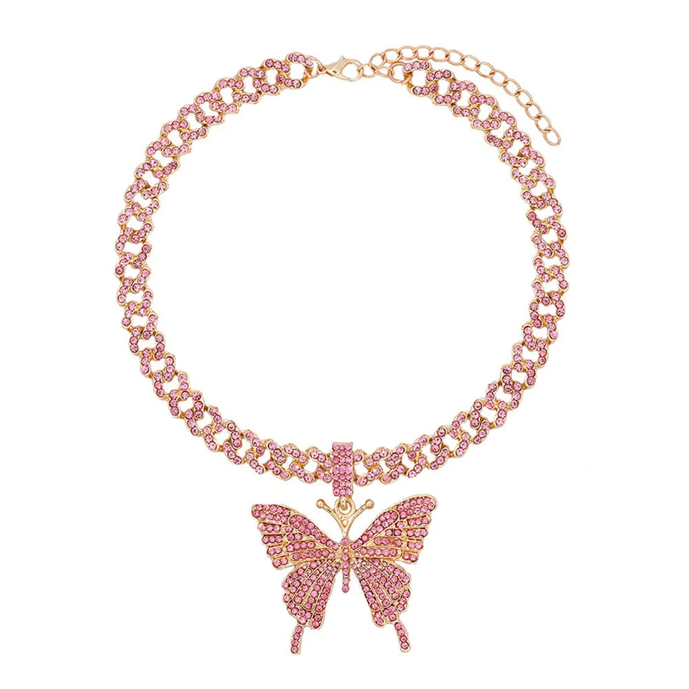 Pink Luxury Sparkle Full Crystal Butterfly Cuba Choker Necklace for Women Bling Multicolor Rhinestone Chunky Punk Hiphop Jewelry