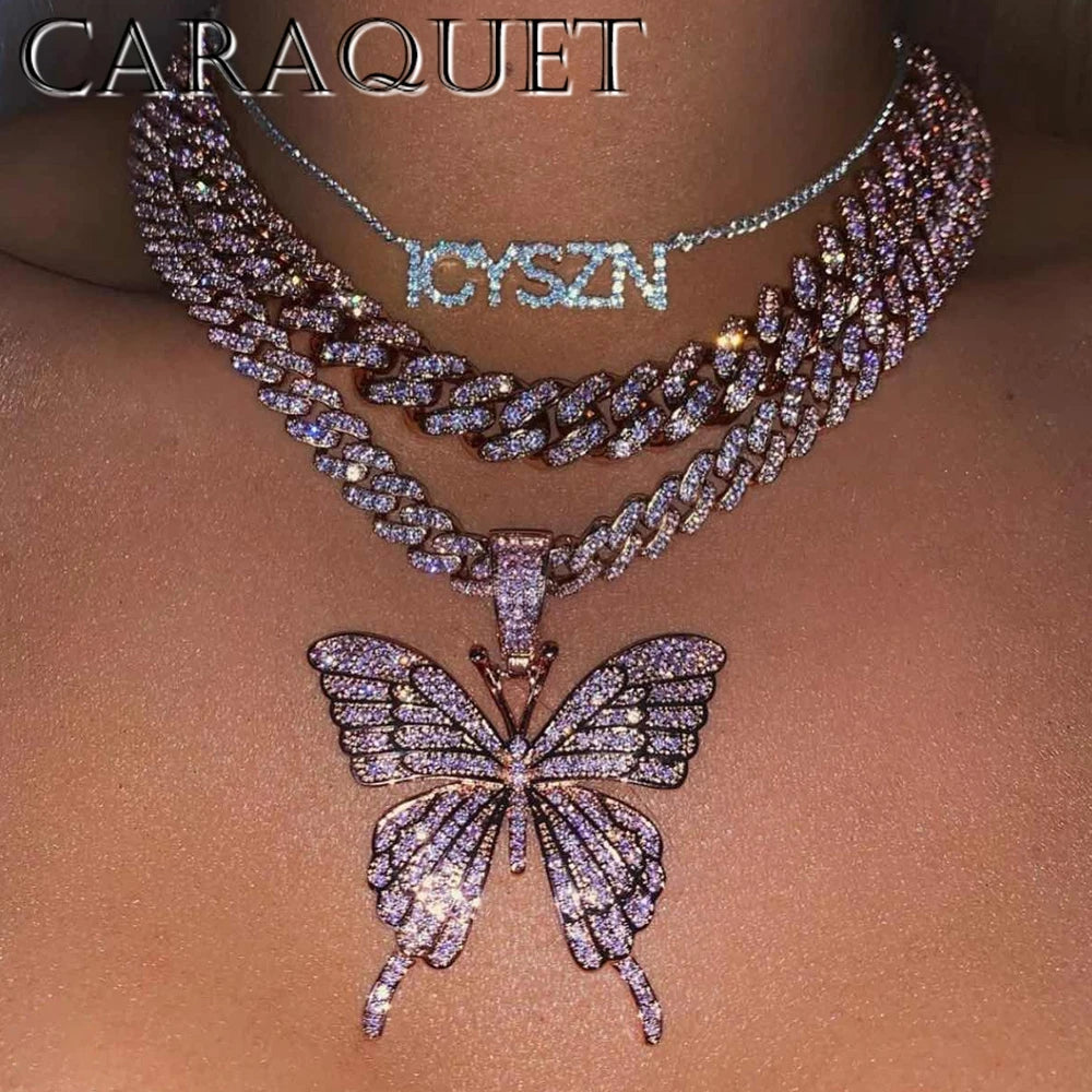 Pink Luxury Sparkle Full Crystal Butterfly Cuba Choker Necklace for Women Bling Multicolor Rhinestone Chunky Punk Hiphop Jewelry