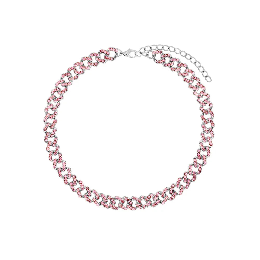 Pink Luxury Sparkle Full Crystal Butterfly Cuba Choker Necklace for Women Bling Multicolor Rhinestone Chunky Punk Hiphop Jewelry
