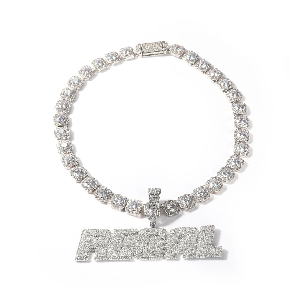 Custom Initial Letter Pendant Full Iced Out Cubic Zirconia with 12Mm Baguettecz Chain Necklace Hiphop Jewelry