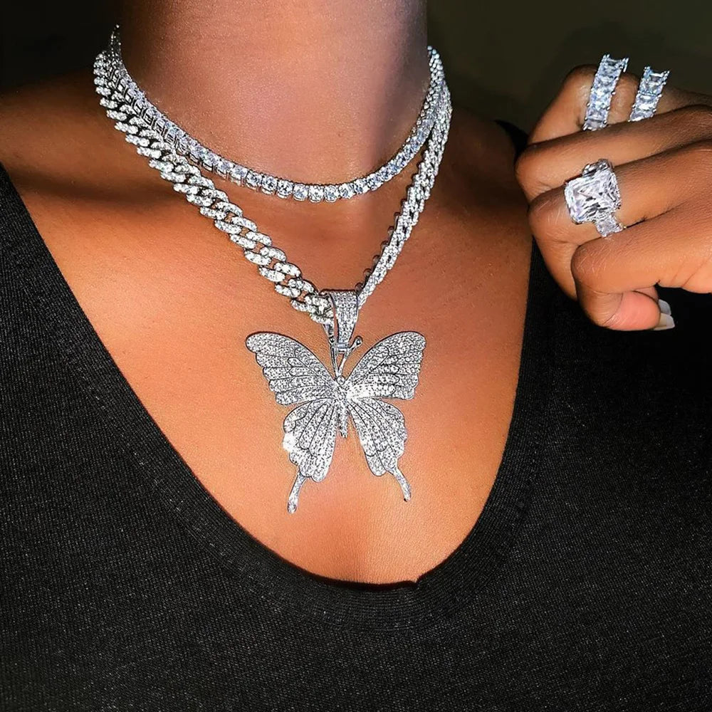 Pink Luxury Sparkle Full Crystal Butterfly Cuba Choker Necklace for Women Bling Multicolor Rhinestone Chunky Punk Hiphop Jewelry