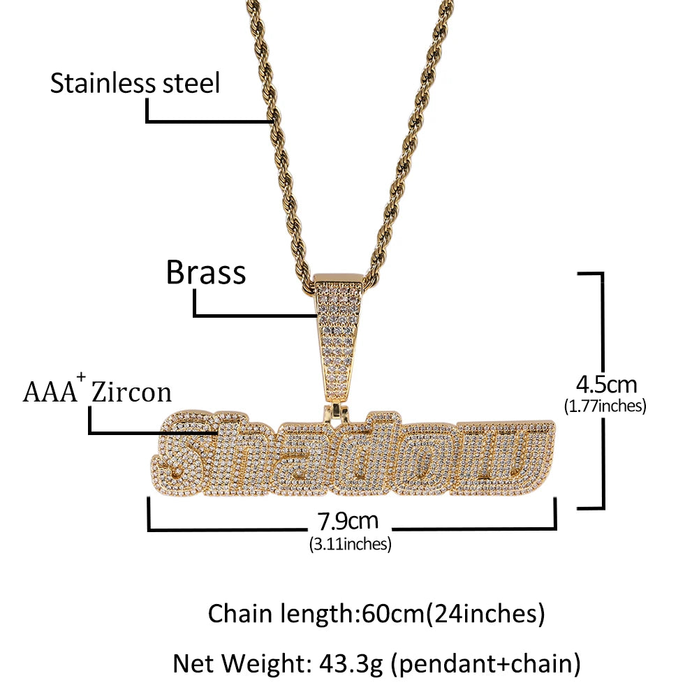 Custom Initial Letter Pendant Full Iced Out Cubic Zirconia with 12Mm Baguettecz Chain Necklace Hiphop Jewelry