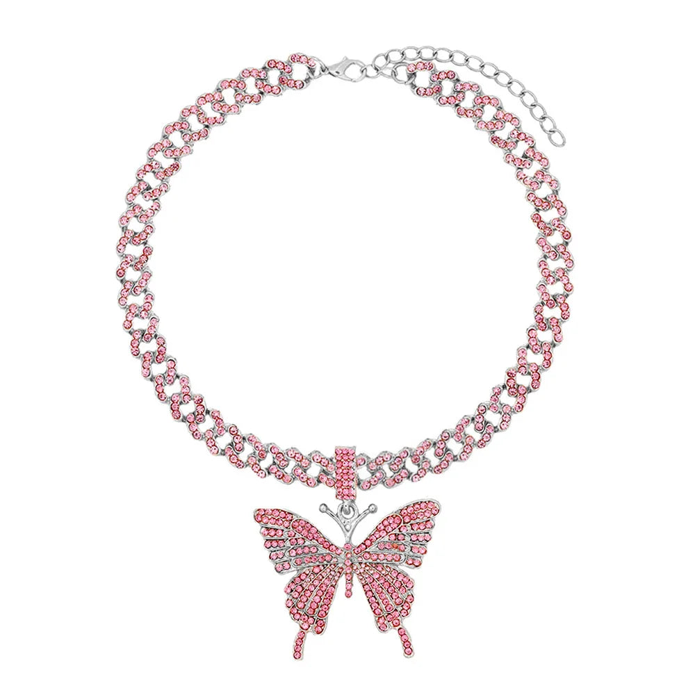 Pink Luxury Sparkle Full Crystal Butterfly Cuba Choker Necklace for Women Bling Multicolor Rhinestone Chunky Punk Hiphop Jewelry